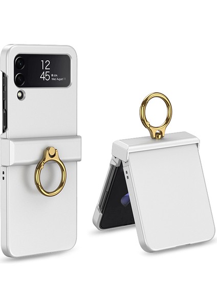 Samsung Galaxy Z Flip4 Için Gkk 5g Menteşe Koruma Telefon Kılıfı Sert Pc Metal Ring Tutucu Kickstand Slip Shockproof Cover-White (Yurt Dışından)