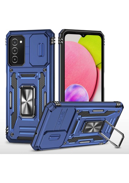 Samsung Galaxy A03S (164.2 x 75.9 x 9.1mm) Zırh Serisi Damla Geçirmez Hibrit Sert Pc Yumuşak Tpu Şok Geçirmez Kasa Yüzük Arabası Kickstand Arka Kabuk Kamera Kapak-Navy Mavi (Yurt Dışından)