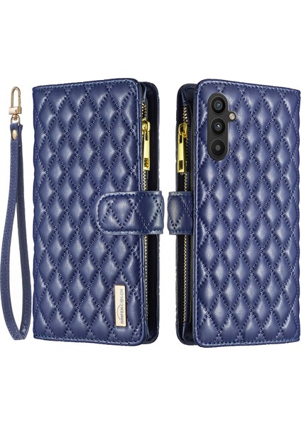 Samsung Galaxy A34 Için 5g Baskılı Rhombus Desen Pu Deri Kılıf Folio Manyetik Cüzdan Stand Zipper Cep Telefon Kapağı Strap-Mavi ile (Yurt Dışından)