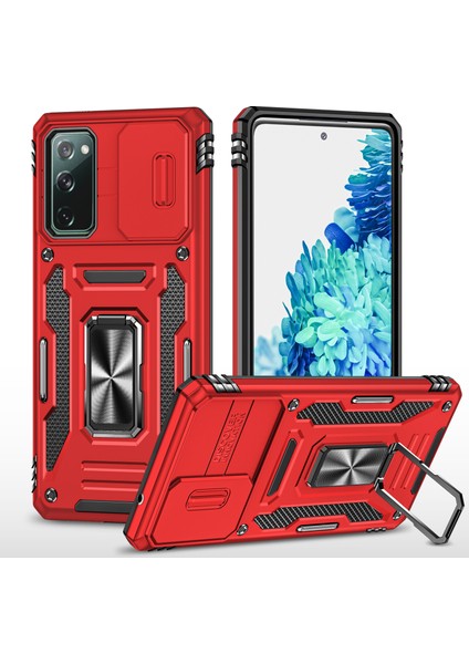 Samsung Galaxy S20 Için Zırh Serisi Fe 4G/5G/S20 Fe 2022/S20 Lite Kickstand Tasarım Şok Geçirmez Telefon Kılıfı Pc+Tpu Koruyucu Arka Kapak Slayt Kameralı Kapak-Kırmızı (Yurt Dışından)