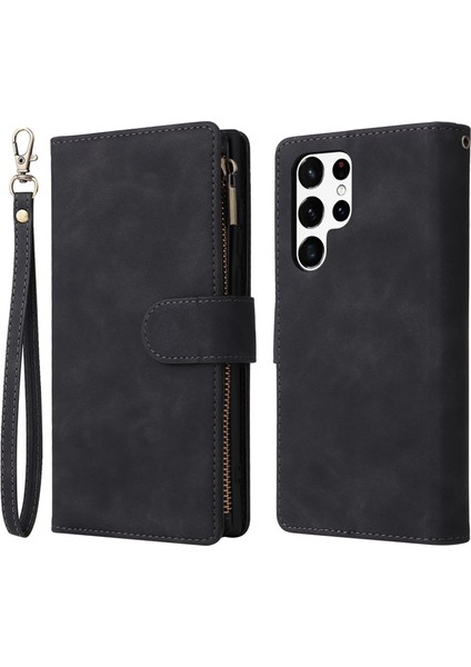 Samsung Galaxy S23 Için Ultra Çoklu Kart Yuvaları Telefon Kapağı Pu Deri Cüzdan Stand Tam Koruma Kılıfı Zipper Cep-Black (Yurt Dışından)