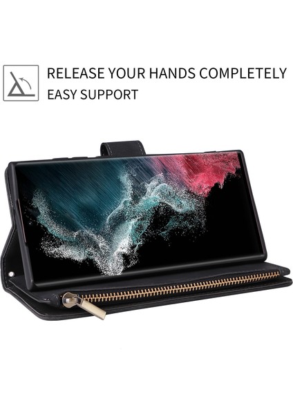 Samsung Galaxy S23 Için Ultra Çoklu Kart Yuvaları Telefon Kapağı Pu Deri Cüzdan Stand Tam Koruma Kılıfı Zipper Cep-Black (Yurt Dışından)