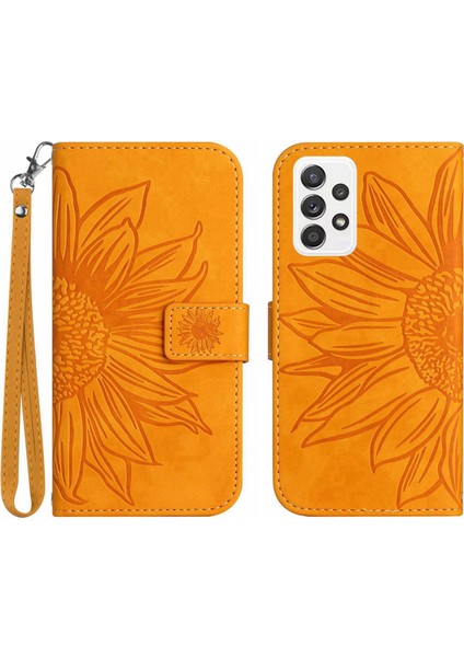Samsung Galaxy A73 Için 5g HT04 Cilt Touch Pu Deri Folio Flip Telefon Kılıfı Baskılı Ayçiçeği Stand Cüzdan Kapağı El Strap-Sarı (Yurt Dışından)