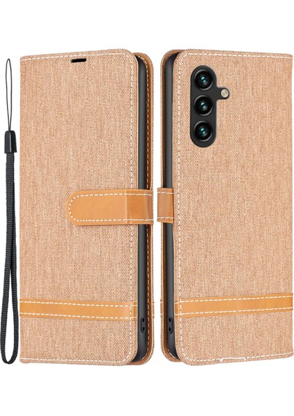 Samsung Galaxy A14 Için 5g Stand Cüzdan Telefon Kılıf Kot Ceza Doku Pu Deri Renk Birleştirme Folio Flip Cover-Brown (Yurt Dışından)