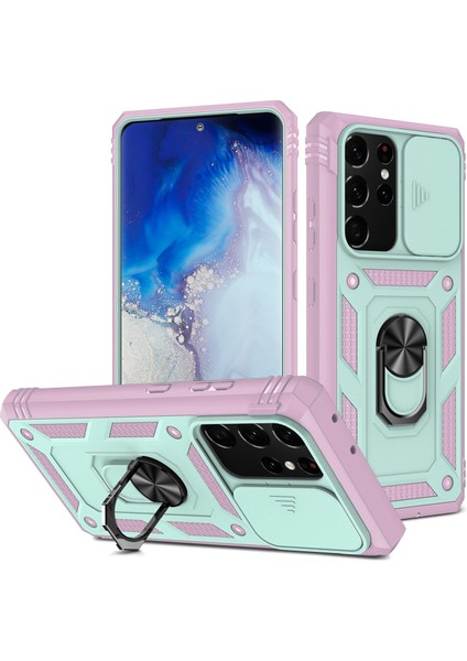 Samsung Galaxy NOTE20 Için Ultra 5g Koruyucu Telefon Kasası Kickstand Card Tutucu Sürgülü Kameralı Kapak Yeşil/pembe (Yurt Dışından)