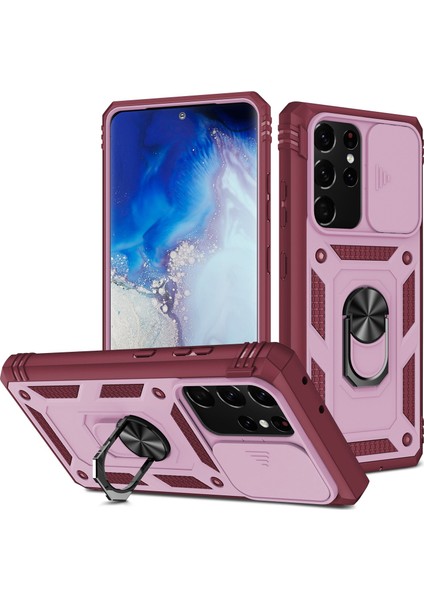 Samsung Galaxy NOTE20 Için Ultra 5g Koruyucu Telefon Kasası Kickstand Card Tutucu Sürgülü Kameralı Kapak Pembe/koyu Kırmızı (Yurt Dışından)