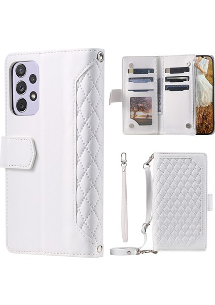 Samsung Galaxy F23 Için 5G/M23 5G/M13 4G/A23 5g (Global Versiyon)/4g, Rhombus Doku Zipper Poc Pu Deri Telefon Kılıf Anti-Fall Stand Cüzdan Kabuk-Beyaz (Yurt Dışından)