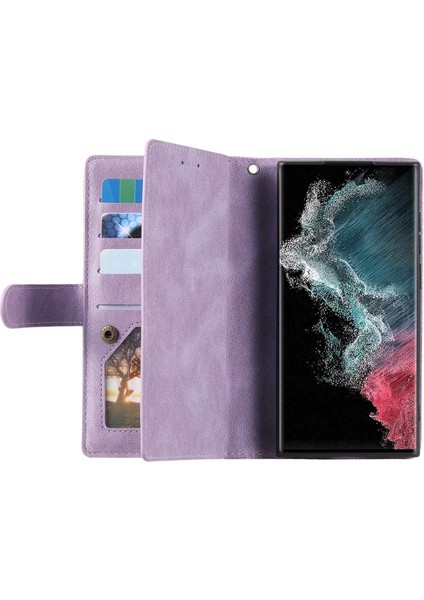 Samsung Galaxy S23 Için Ultra Fermuar Cep 9 Kart Yuvaları Tasarım Pu Deri Cüzdan Kapağı Katlanabilir Stand Telefon Damla Geçirmez Kasa El Strap-Purple (Yurt Dışından)