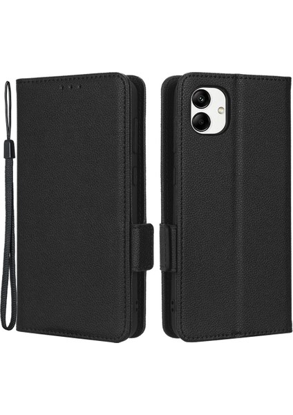 Samsung Galaxy A04 4g (164.4 x 76.3 x 9.1 MM)/M13 5g Litchi Doku Telefonu Pu Deri Çift Manyetik Toka Koru Cüzdan Standı Kapağı Kayış-Siyah ile (Yurt Dışından)