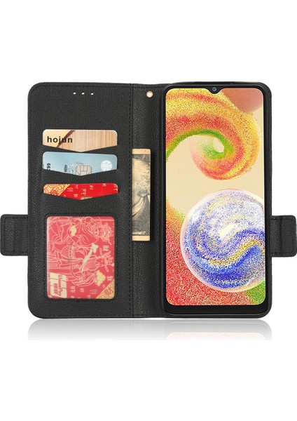 Samsung Galaxy A04 4g (164.4 x 76.3 x 9.1 MM)/M13 5g Litchi Doku Telefonu Pu Deri Çift Manyetik Toka Koru Cüzdan Standı Kapağı Kayış-Siyah ile (Yurt Dışından)