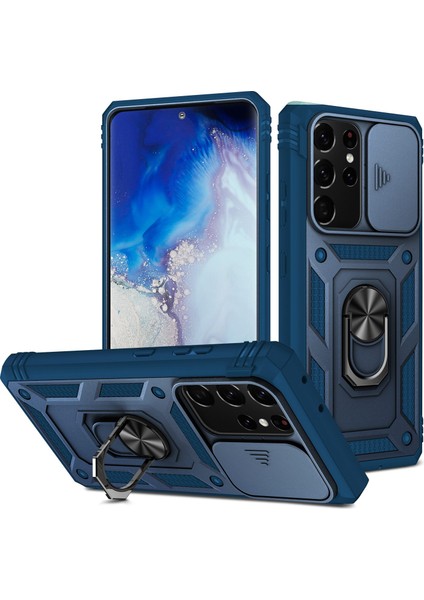 Samsung Galaxy NOTE20 Için Ultra 5g Koruyucu Telefon Kasası Kickstand Card Tutucu Sürgülü Kameralı Kapak Mavisi (Yurt Dışından)