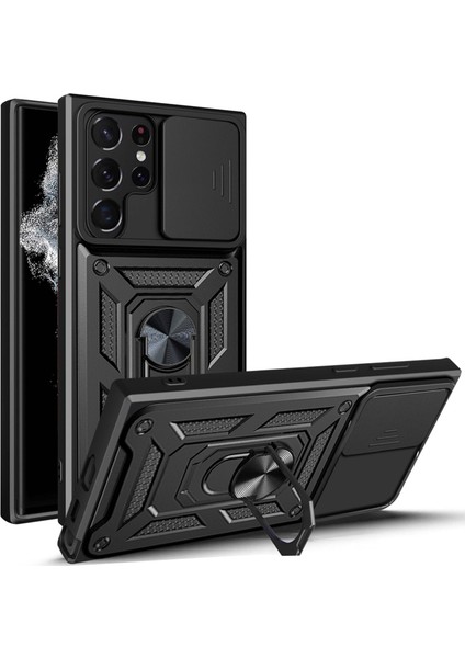 Samsung Galaxy S23 Için Ultra Anti-Fall Ançalı Telefon Kılıf Yüzüğü Kickstand Pc+Tpu Akıllı Telefon Kapağı Slayt Kameralı Koruyucu Black (Yurt Dışından)