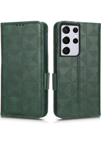 Samsung Galaxy S21 Ultra 5g Üçgen Desen Için Baskılı Telefon Kılıfı Katlanabilir Stand Anti-Fall Pu Deri Deri Flip Cüzdan Kapağı Strap-Yeşil (Yurt Dışından)