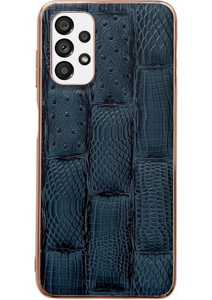 Samsung Galaxy A23 4g/5g (Global Versiyon), Mahjong Dokusu Orijinal Cowhide Deri+Pc+Tpu Kıvrımlı Telefon Kapak Mavisi (Yurt Dışından)
