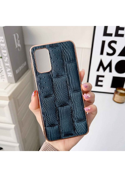 Samsung Galaxy A23 4g/5g (Global Versiyon), Mahjong Dokusu Orijinal Cowhide Deri+Pc+Tpu Kıvrımlı Telefon Kapak Mavisi (Yurt Dışından)