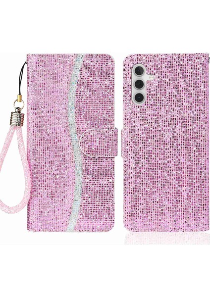 Samsung Galaxy A14 Için 5g 5g Telefon Kılıfı Işıltılı Toz Pu Deri Katlanabilir Stand Cüzdan Stili Kabuklu Bilek Strap-Pink ile (Yurt Dışından)