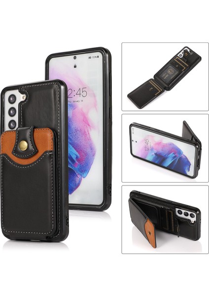 Seashell Digital Samsung Galaxy S21+ 5g Damla Dirençli Pu Deri Kaplamalı Tpu Kapak Kickstand Telefon Kılıfı Dikey Flip Kart Cep-Siyah (Yurt Dışından)