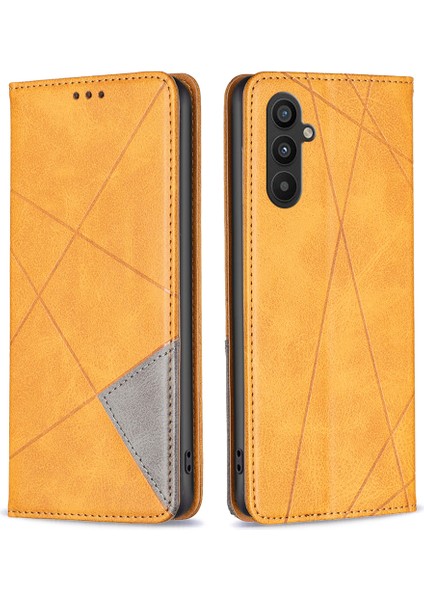 Samsung Galaxy A34 Için 5g Manyetik Otomatik Absorbed Pu Deri Kılıf Baskılı Rhombus Benzeri Kart Yuvası Stand Flip Telefon Kapağı Sarı (Yurt Dışından)