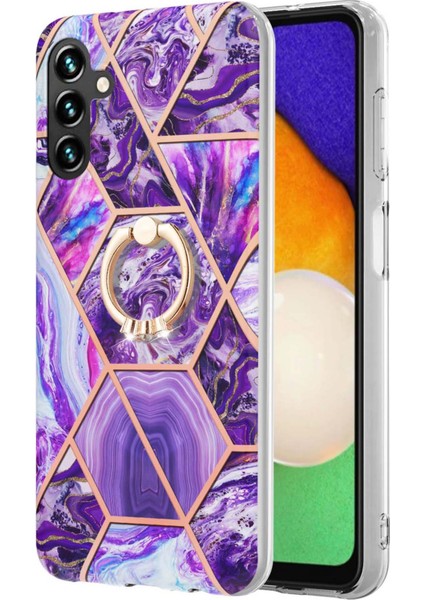 Samsung Galaxy A34 5g Yüzük Kickstand Tasarım Tpu Kılıfı Elektrokaplama Birleştirme Mermer Desen Imd Telefon Kapak-Dark Mor (Yurt Dışından)