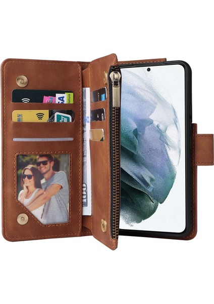 Samsung Galaxy S23 Için Çoklu Kart Yuvası Pu Deri Stand Kılıfı Fermuar Cep Anti-Çizgiye Dönem Telefon Cüzdan Kapak Kılıfı (Yurt Dışından)