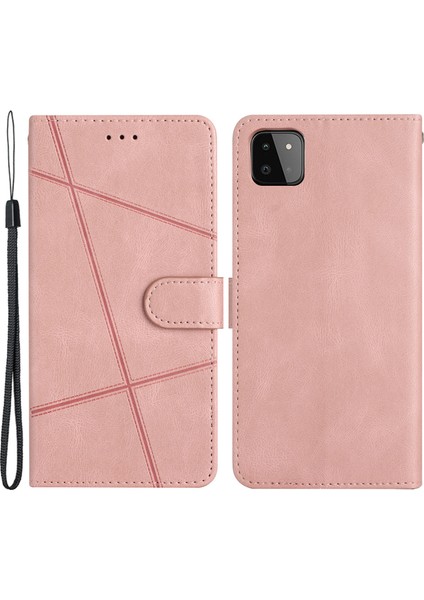 Samsung Galaxy A22 5g (Ab Versiyonu) Çılgın At Dokusu Pu Deri Kılıf Baskılı Çizgiler Cüzdan Stand Tam Koruma Flip Telefon Kapağı Strap-Rose Altın (Yurt Dışından)