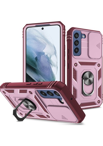 Samsung Galaxy S21 Fe 5g Çizgiye Karşı Çizgiye Karşı Çizelge Anti Tele Kılıf Kartı Tutucu Kameralı Kickstand Pc+Tpu Koruyucu Arka Kapak Pembe/koyu Kırmızı (Yurt Dışından)