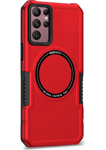 Samsung Galaxy S22 Ultra 5g Kamera Lens Çerçeve Tasarım Telefon Kapağı Sabit Pc+Yumuşak Tpu Anti-Drop Kılıfı Manyetik Kablosuz Şarj Kırmızısı (Yurt Dışından)