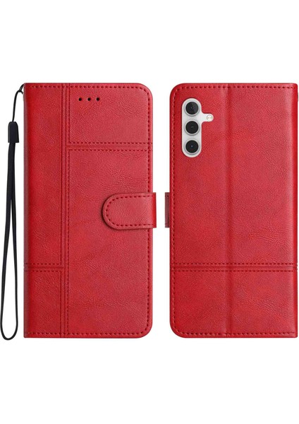 Samsung Galaxy A04S Için 4g (164.7 x 76.7 x 9.1 Mm) Çizgiye Döküm Anti Telefon Kabuğu Kovalık Doku Pu Deri Dikiş Hattı Dekor Dekor Standı Case-Red (Yurt Dışından)