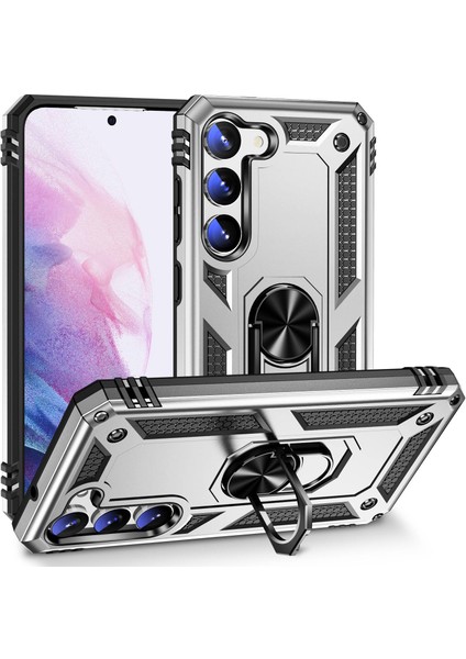 Samsung Galaxy S23 Için+ Düşüş Geçirmez Askeri Sınıf Vaka Yüzüğü Kickstand Tasarım Pc+ Tpu Geri Kapak Silver (Yurt Dışından)