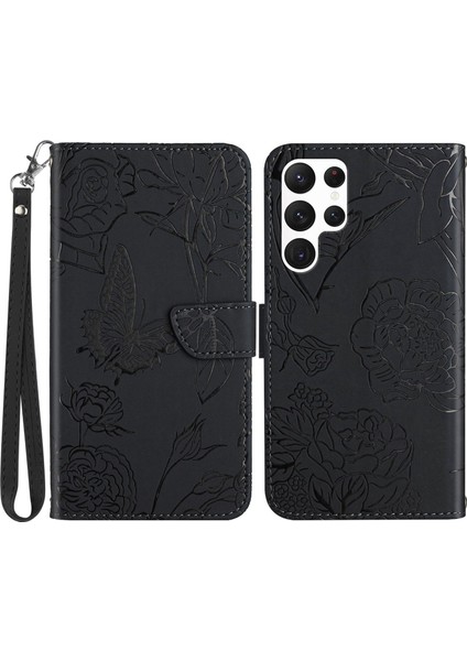 Samsung Galaxy S23 Ultra Için Cilt Touch Pu Deri Telefon Kılıfı, HT03 Baskılı Kelebek Çiçekleri Manyetik Cüzdan Stand Şok Geçirmez Flip Telefon Kapağı Strap-Black (Yurt Dışından)