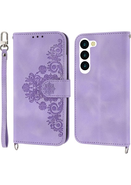 Samsung Galaxy S23 Için+ Baskılı Çiçekler Stand Pu Deri Cüzdan Kapağı Cilt Touch Çok Kart Yuvaları Bilek Kayışı ve Omuz Kayışı Işığı Mor ile Telefon Kılıfı (Yurt Dışından)
