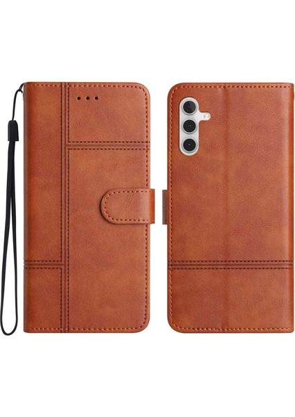 Samsung Galaxy A04S Için 4g (164.7 x 76.7 x 9.1 Mm) Çizgiye Dönem Telefon Kabuğu Kovuk Kovası Doku Pu Dergi Dikiş Hattı Dekor Dekor Standı Case-Brown (Yurt Dışından)