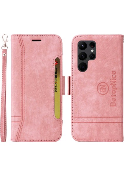 Samsung Galaxy S23 Için Ultra Anti-Çizelge Pu Deri Deri Telefon Kılıf Cüzdan Stand Baskılı Dikiş Hattı Iç Tpu Telefon Kapak Pembe (Yurt Dışından)