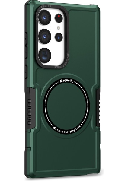 Samsung Galaxy S23 Için Ultra Kamera Lens Çerçevesi Tasarımı Sabit Pc+Yumuşak Tpu Telefon Kılıfı Şok Geçirmez Kapak Manyetik Kablosuz Şarj-Blackish Yeşil (Yurt Dışından)