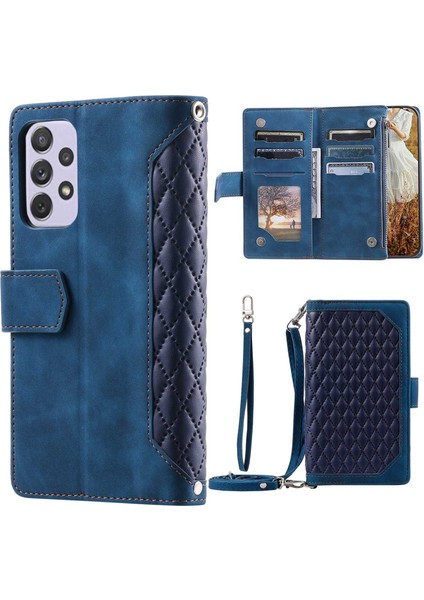 Samsung Galaxy F23 Için 5G/M23 5G/M13 4G/A23 5g (Global Versiyon)/4g, Rhombus Doku Zipper Poc Pu Deri Deri Telefon Kılıf Anti-Fall Stand Cüzdan Kabuk Mavisi (Yurt Dışından)