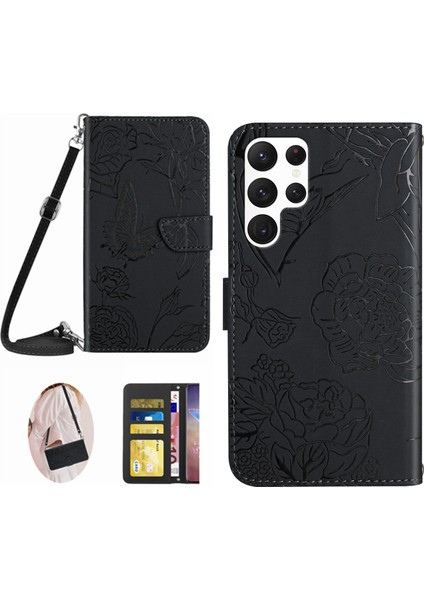 Samsung Galaxy S23 Için Ultra HT03 Baskılı Kelebek Çiçekleri Cüzdan Kılıf Cilt Touch Pu Deri Manyetik Kapanma Flip Stand Telefon Kapağı Omuz Kayış Black (Yurt Dışından)