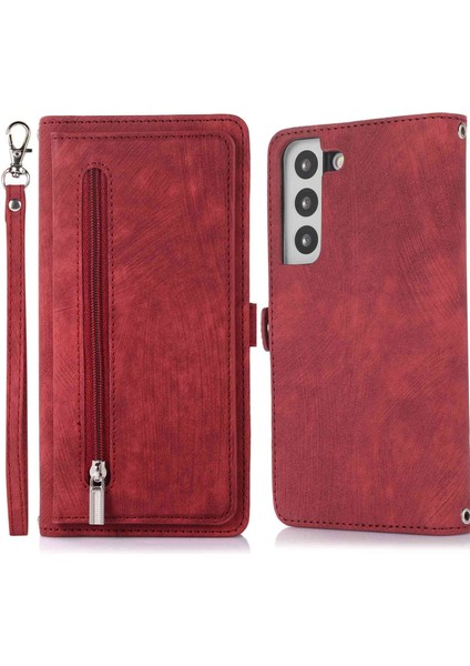 Samsung Galaxy S22 Için 5g Pu Deri Fermuar Folio Cüzdan Kasası Çok Fonksiyonlu 9 Kart Tutucu Yuvaları Flip Koruyucu Telefon Kapağı Bilek Kayış Kırmızısı (Yurt Dışından)