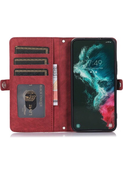 Samsung Galaxy S22 Için 5g Pu Deri Fermuar Folio Cüzdan Kasası Çok Fonksiyonlu 9 Kart Tutucu Yuvaları Flip Koruyucu Telefon Kapağı Bilek Kayış Kırmızısı (Yurt Dışından)