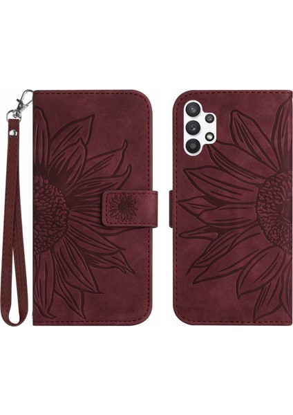 Samsung Galaxy A32 4g (Ab Versiyonu) HT04 Cilt Touch Pu Deri Tam Koruma Cüzdan Kılıfı Baskılı Ayçiçeği Ayarlanabilir Stand Kapağı El Strap-Wine Red ile (Yurt Dışından)