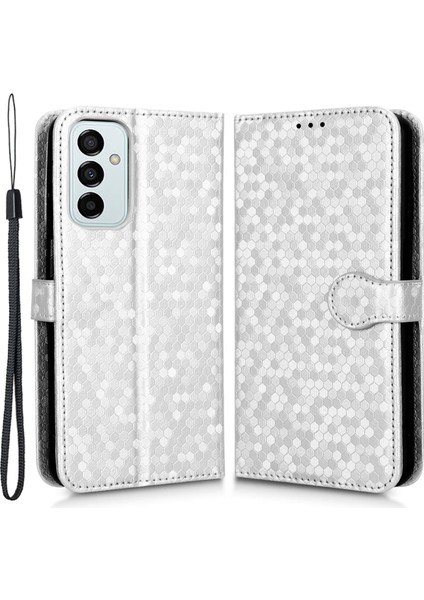 Samsung Galaxy Için M23 5G/F23 5g Pu Deri Deri Cüzdan Flip Kapak Dot Desen Basılı Managy Depolama Stand Şok Geçirmez Tpu Telefon Kılıfı Strap-Silver ile (Yurt Dışından)