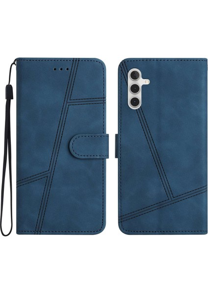 Samsung Galaxy A04S Için 4g (164.7 x 76.7 x 9.1 Mm) Cüzdan Stand Telefon Kılıfı, Cilt Touch Duygu Çizgileri Baskılı Vintage Pu Deri Manyetik Flip Cover-Blue (Yurt Dışından)