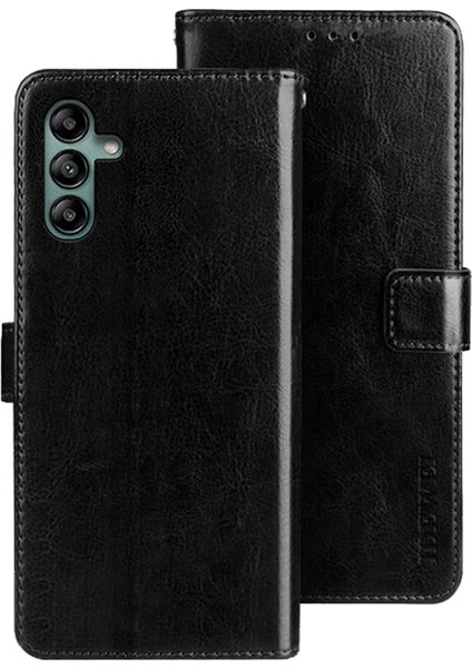 Samsung Galaxy A04S Için Idewei 4g (164.7 x 76.7 x 9.1 Mm) Telefon Koruyucu Kılıf Çılgın At Dokusu Anti-Çizim Pu Deri Deri Flip Stand Cüzdan Kapak Black (Yurt Dışından)