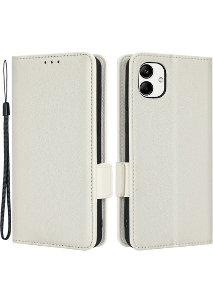 Samsung Galaxy A04 4g (164.4 x 76.3 x 9.1 MM)/M13 5g Litchi Doku Telefonu Pu Deri Çift Manyetik Toka Koru Cüzdan Standı Kapağı Kayış-Beyaz ile (Yurt Dışından)