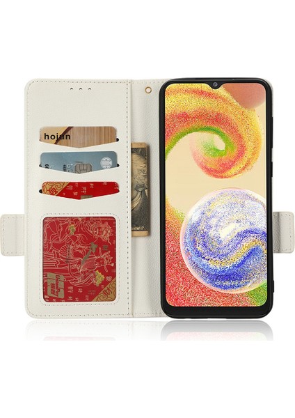 Samsung Galaxy A04 4g (164.4 x 76.3 x 9.1 MM)/M13 5g Litchi Doku Telefonu Pu Deri Çift Manyetik Toka Koru Cüzdan Standı Kapağı Kayış-Beyaz ile (Yurt Dışından)