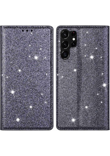 Samsung Galaxy S23 Için Ultra Glitter Sequins Pu Deri Deri Şok Geçirmez Kapak Manyetik Otomatik Kapanış Telefon Stand Kılıfı Kart Yuvası Grey (Yurt Dışından)