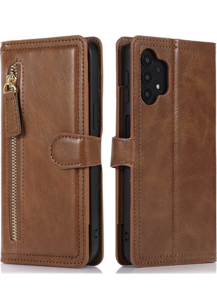Samsung Galaxy A32 5G/M32 5g Pu Deri Manyetik Toka Telefon Kapağı Giyim Dayanıklı Fermuar Cep Telefon Kılıfı Stand-Brown (Yurt Dışından)