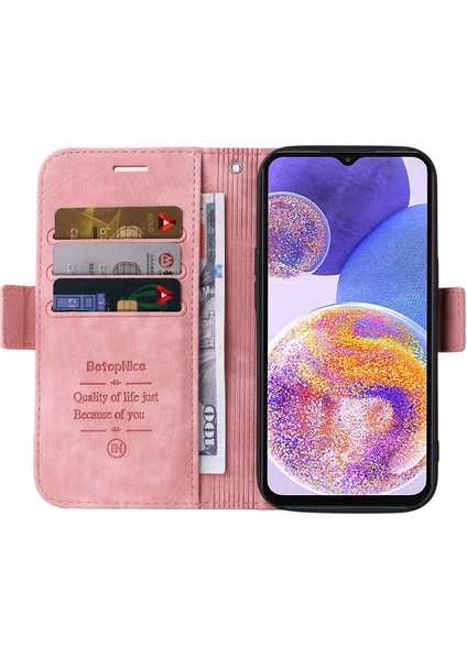 Samsung Galaxy A23 4G/F23 5G/M23 5G/M13 4G/A23 5g (Global Versiyon) Baskılı Dikiş Hattı Deri Kılıf Stand Cüzdan Telefon Kapağı Strap-Pink ile (Yurt Dışından)
