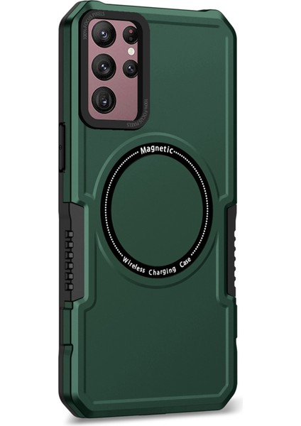 Samsung Galaxy S22 Ultra 5g Kamera Lens Çerçeve Tasarım Telefon Kapağı Sabit Pc+Yumuşak Tpu Anti-Damla Kasa Manyetik Kablosuz Şarj-Blackish Yeşil (Yurt Dışından)