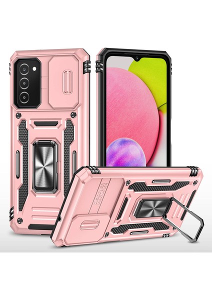 Samsung Galaxy A03S (164.2 x 75.9 x 9.1mm) Zırh Serisi Damla Geçirmez Hibrit Sert Pc Yumuşak Tpu Şok Geçirmez Kasa Yüzük Araba Montajı Arka Kabuklu Kamera Kapak Gülü Altın (Yurt Dışından)