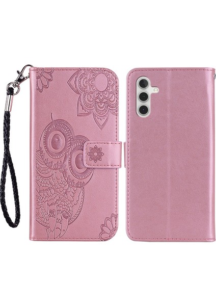 Samsung Galaxy A14 Için 5g Destekleme Stand Cüzdan Deri Telefon Vaka Kapağı Baskalı Baykuş Çiçek Desen Kabuğu Strap-Rose Altın (Yurt Dışından)